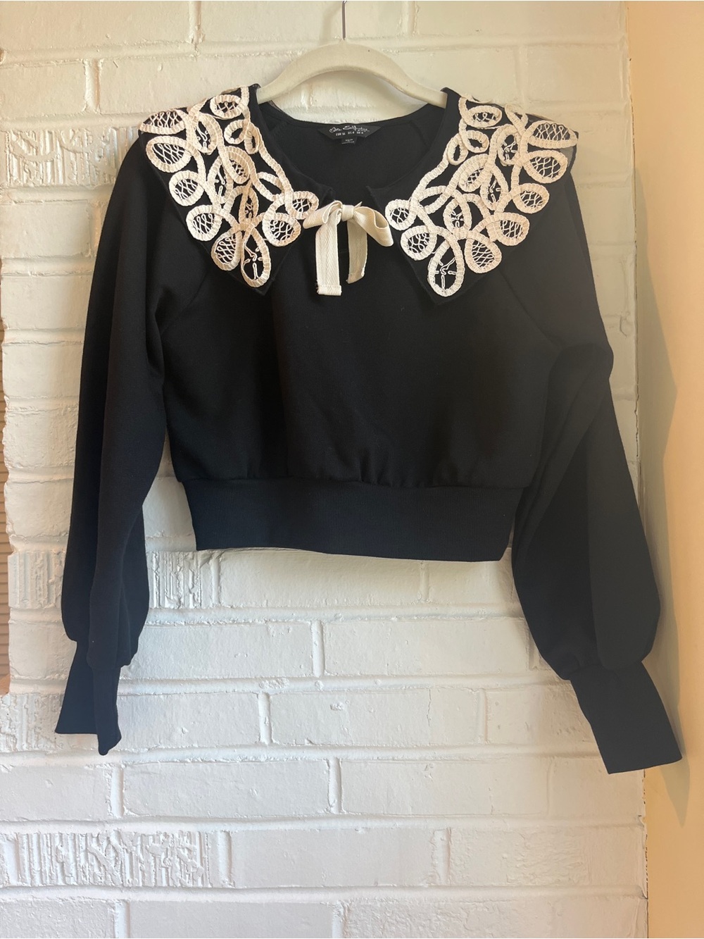 Miss Selfridge Adorable Black Cropped Sweatshirt with Cream Lace Collar - Picture 7 of 11